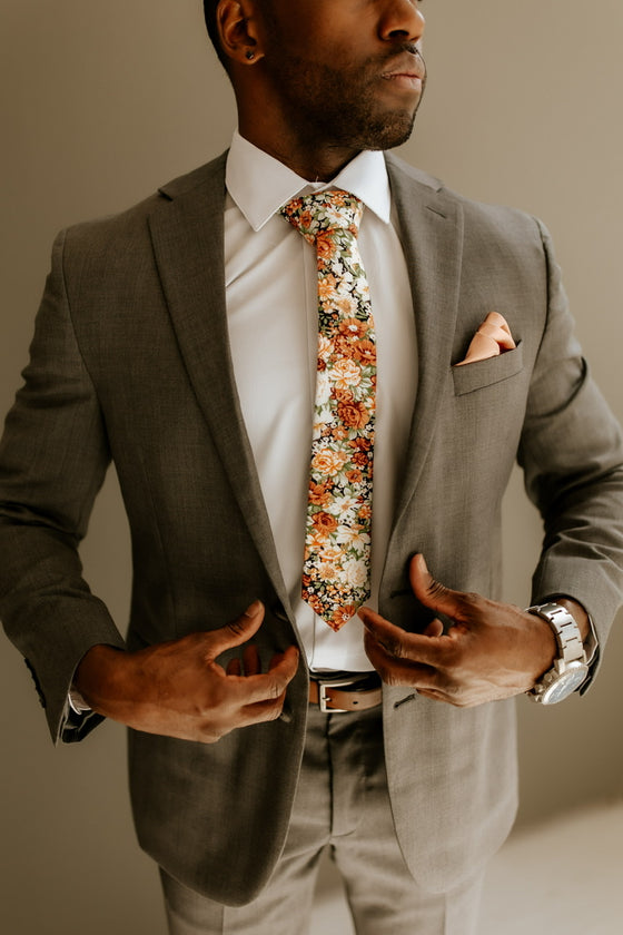 Rust, Orange and Bronze Floral. Perfect Match with Louis Pocket Square. Pictured with Rose Quartz Silk Pocket Square.
