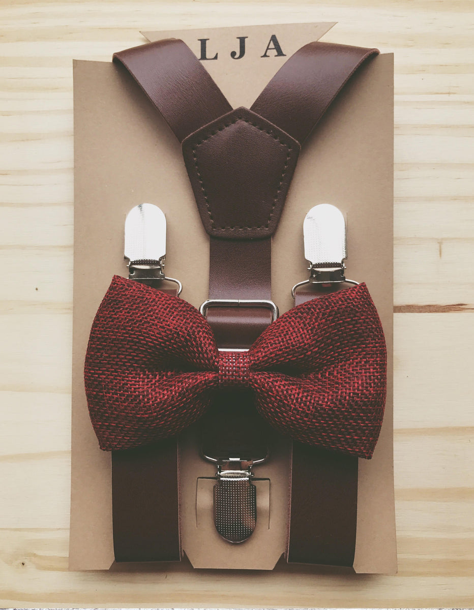 wine red bow tie and suspenders