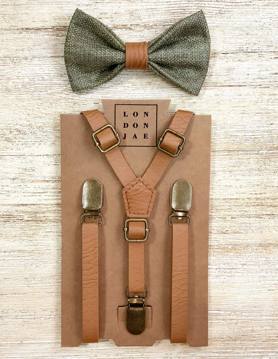 Olive Green Bow Tie with Vintage Tan Brown Faux Leather Suspenders – London  Jae Apparel