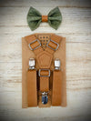 Olive Green Bow Tie with Vintage Tan Brown Faux Leather Suspenders