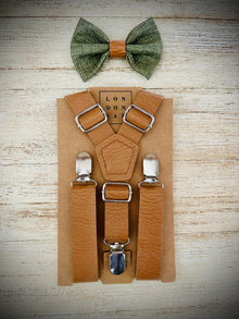  Olive Green Bow Tie with Vintage Tan Brown Faux Leather Suspenders