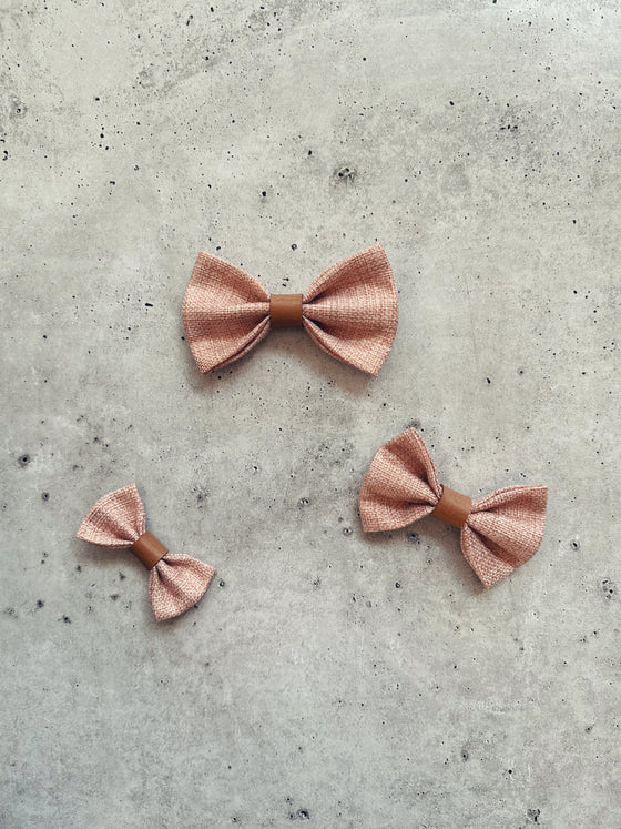 Blush Pink Burlap Bow Tie w/ Faux Leather Vintage Tan Center Strap