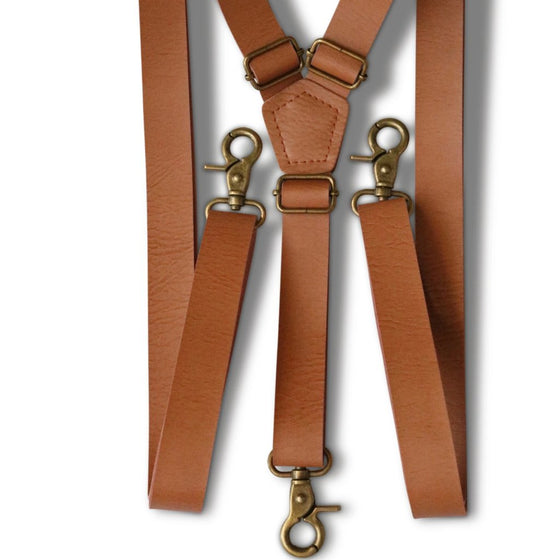 Vintage Tan Hook Faux Leather Suspenders