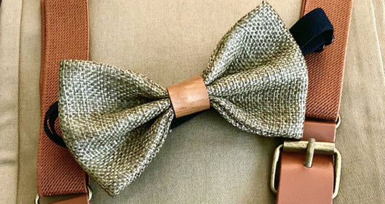 Olive Green Bow Tie with Vintage Tan Brown Faux Leather Suspenders