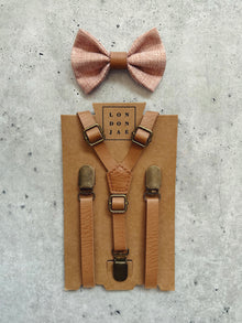  Blush Burlap Bow Tie with Vintage Tan Suspender Set