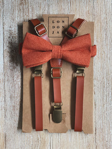  Burnt Orange Bow Tie with 1/2" Width Cognac Brown Faux Leather Suspender
