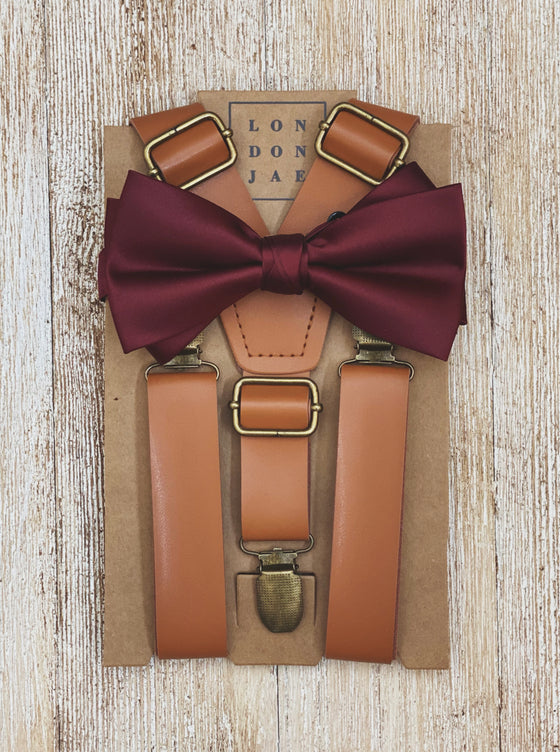 Caramel Suspenders with Burgundy Wine Satin Bow Tie Set