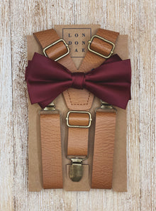  Vintage Tan 1" Suspenders with Burgundy Wine Satin Bow Tie Set