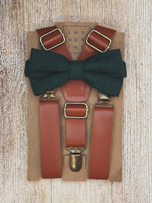  Cognac Faux Leather Suspenders with Dark Green Cotton Bow Tie Set