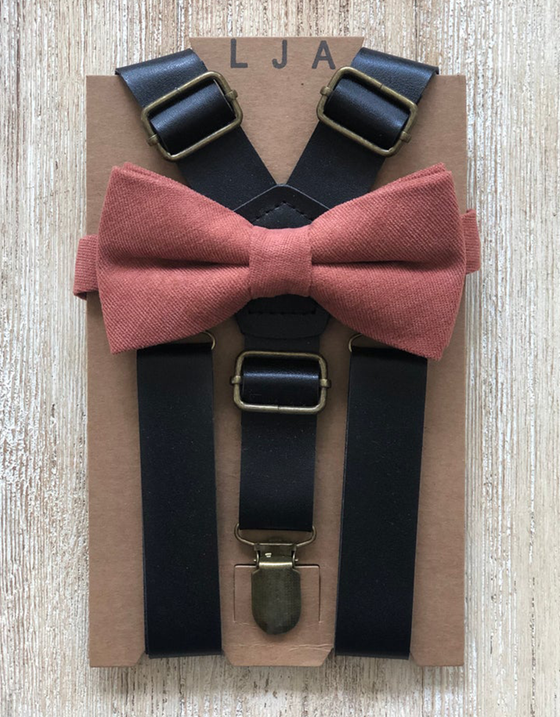 Black Suspenders with Desert Coral Bow Tie Set