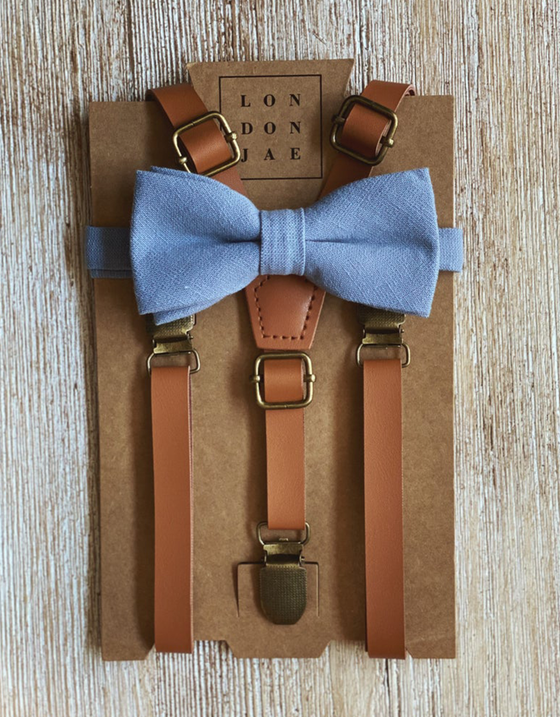 Caramel Skinny Suspenders with Dusty Blue Cotton Bow Tie