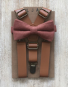Caramel Brown Suspenders with Desert Coral Linen Pre-Tied Bow Tie