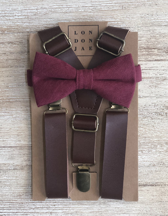 Coffee Brown Suspenders with Wine Cotton Bow Tie