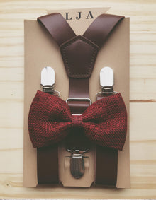  Coffee Brown Suspenders with Wine Burlap Bow Tie