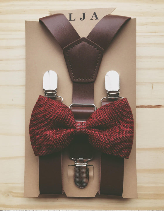 Coffee Brown Suspenders with Wine Burlap Bow Tie