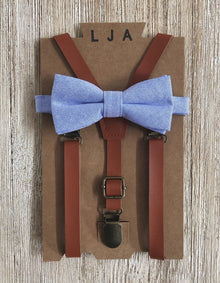  Cognac Skinny suspenders with Light Blue Cotton Bow Tie