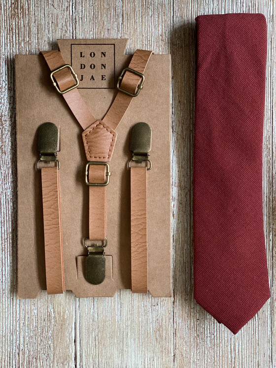 Vintage Tan Suspender with Terracotta Bow Tie Set