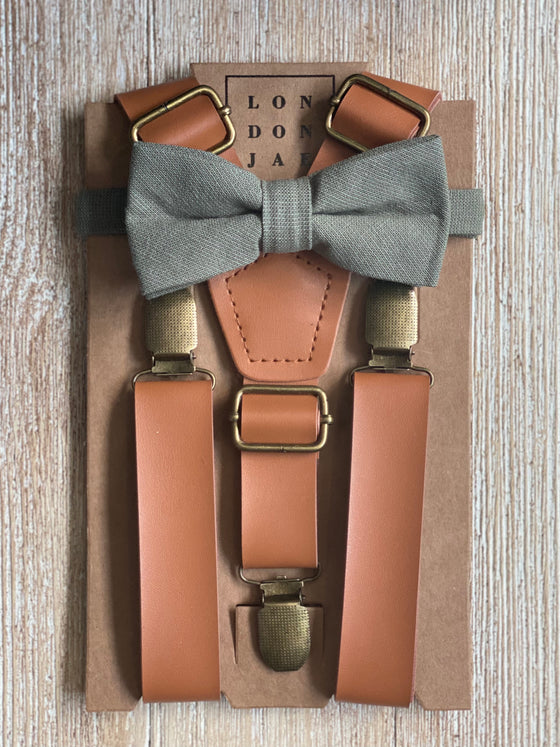 Caramel Suspenders with Sage Cotton Bow Ties