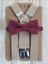 Khaki Suspenders with Garnet Cotton Bow Tie