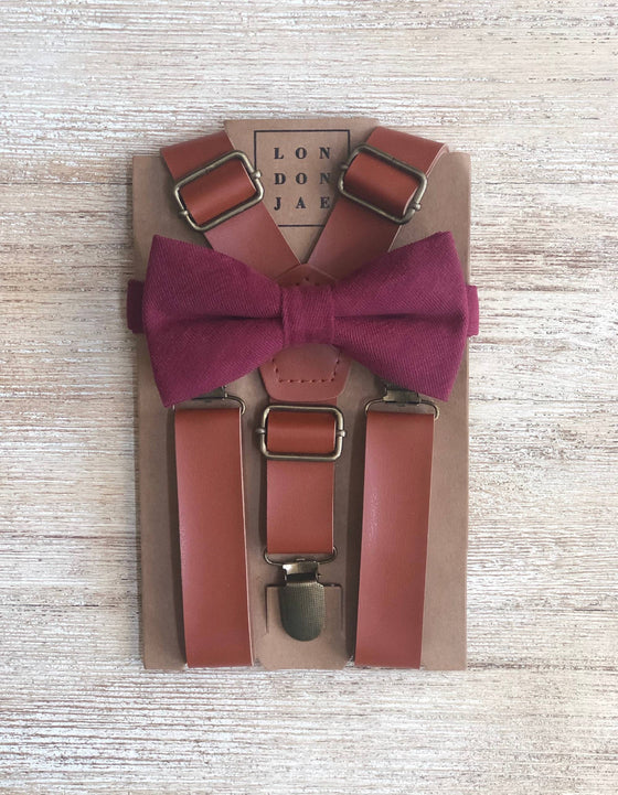 Cognac Brown Suspender with Red Wine Cotton Bow Tie Set