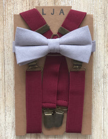  Light Grey Cotton Bow Tie with Wine suspender Set
