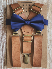  Navy Blue satin bow tie and Vintage Brown Suspender set
