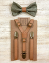 Olive Green Bow Tie with Vintage Tan Brown Faux Leather Suspenders
