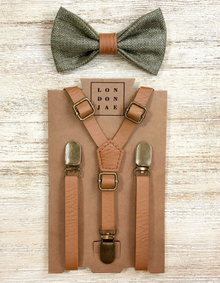 Olive Green Bow Tie with Vintage Tan Brown Faux Leather Suspenders