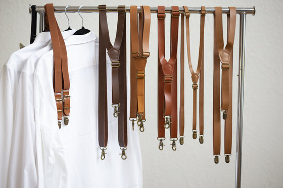 Cognac Skinny suspenders with Light Blue Cotton Bow Tie