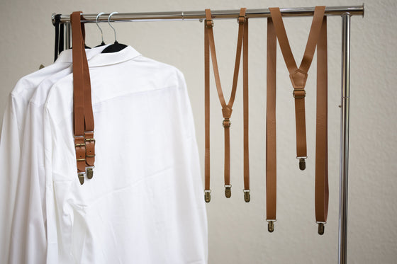 Caramel Skinny Suspenders with Lavender Cotton Bow Tie