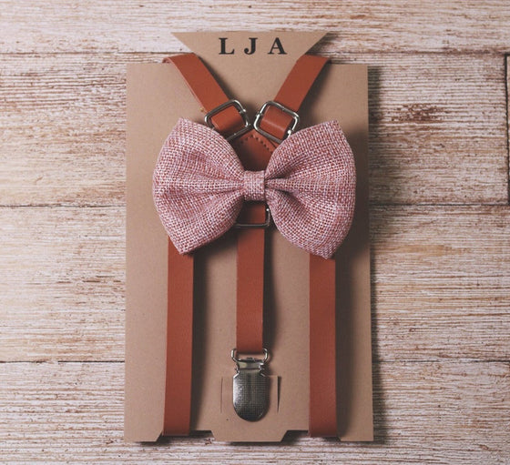 Skinny Caramel Suspenders with Blush Pink Bow Tie