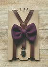 Skinny Coffee Suspenders with Plum Bow Tie