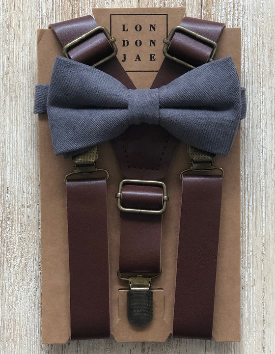 Steel Grey Cotton Bow Tie with 1” Coffee Brown Suspenders Set