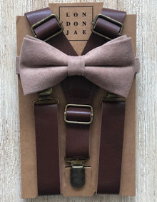 Taupe Cotton Bow Tie with 1” Coffee Brown Suspenders Set