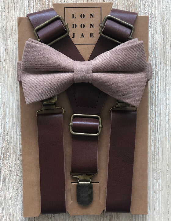 Taupe Cotton Bow Tie with 1” Coffee Brown Suspenders Set
