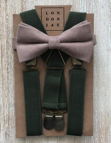 Taupe Cotton Bow Tie with Olive Suspender Set