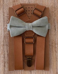  Dusty Sage Linen Pre-Tied Bow Tie with Vintage Tan Brown Faux Leather Suspenders