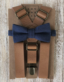  Vintage Tan Suspenders with Navy Bow