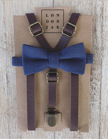  Weathered Coffee Skinny Suspenders with Navy Bow Tie
