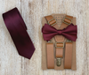 Skinny Caramel Suspenders with Burgundy Wine Bow Tie