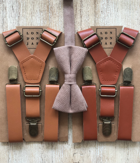 Taupe Cotton Bow Tie with Caramel Suspender Set