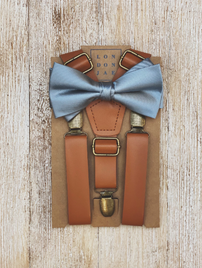 Caramel Brown Suspenders & Dusty Blue Bow Tie Set