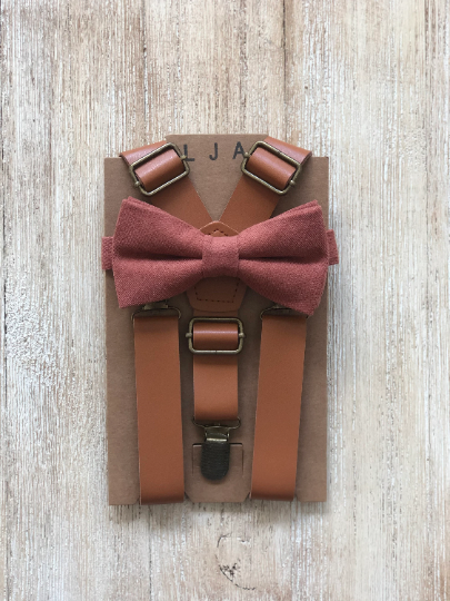 Desert Coral Bow Tie with Caramel Suspender Set