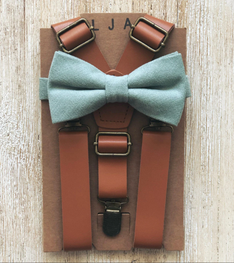 Caramel Brown Suspenders & Dusty Sage Bow Tie Set