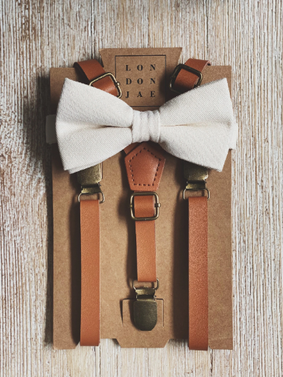 Skinny Caramel Suspenders with Ivory Bow Tie