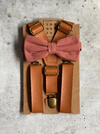 This adjustable Caramel Leather Suspenders with Sedona Cotton Bow Tie Set is perfect for your groomsmen, ring bearers, family photos or just because! Suspenders come with brass clips unless silver clips are requested.