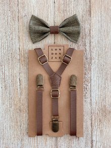  Olive Sage Bow Tie with Weathered Coffee Suspender Set