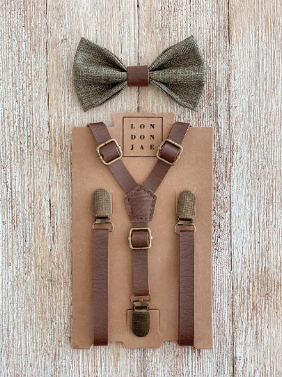 Olive Sage Bow Tie with Weathered Coffee Suspender Set