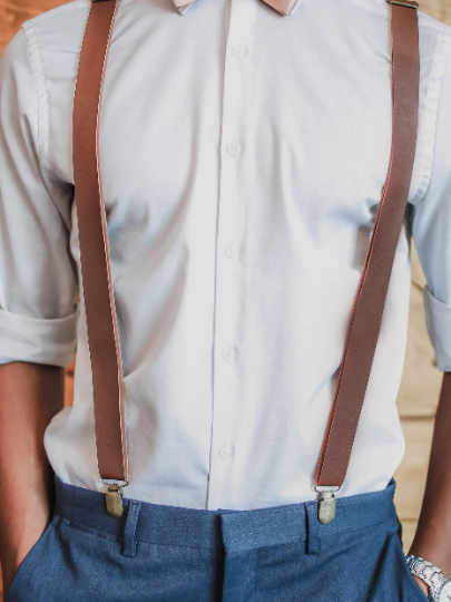 Steel Grey Bow Tie with Coffee Suspender Set