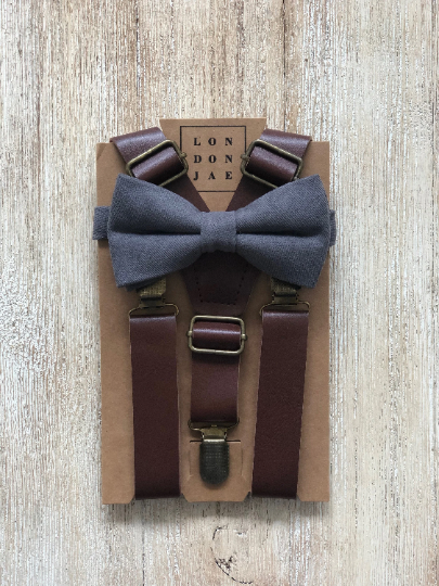 Steel Grey Bow Tie with Coffee Suspender Set